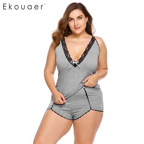 Ekouaer Nightgown Deep V Neck Pajamas Women Plus Size Spaghetti Strap
