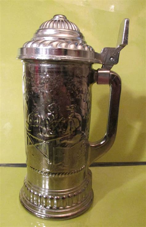 Beer Stein-Avon-Lidded-- HUNTER'S STEIN---Heavy Silver Tone Metal