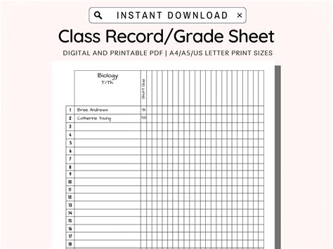 Printable Class Record Grade Sheet Class Gradebook Teacher Gradebook