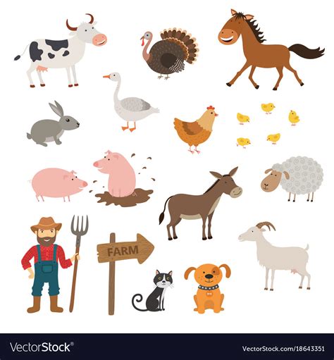 Cute Farm Animals Set In Flat Style Isolated On Vector Image