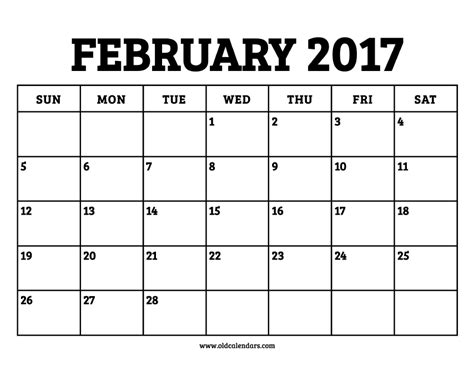 Calendar February 2017 Printable Old Calendars