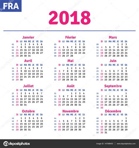 French Calendar 2018 — Stock Vector © Rustamank 147098403