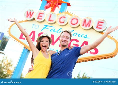 Las Vegas People Couple Happy Cheering By Sign Stock Image Image Of