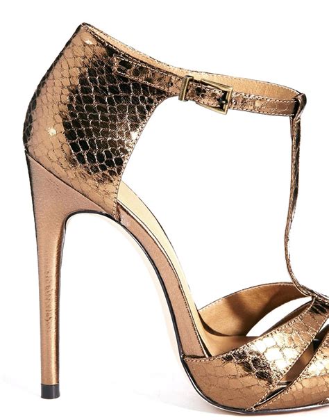 39 wahrheiten in bronze high heels faux leather high heel sandals with wide toe strap ankle