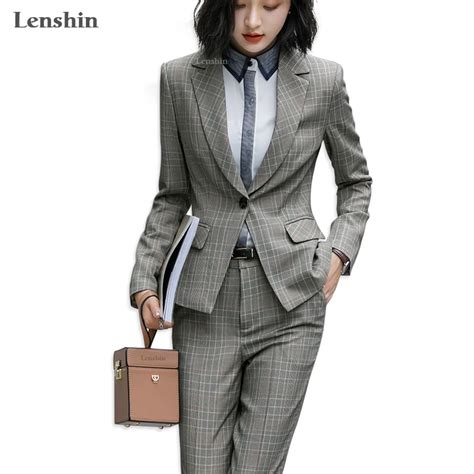 Lenshin 2 Piece Set Formal Plaid Pant Suit One Button Blazer Office
