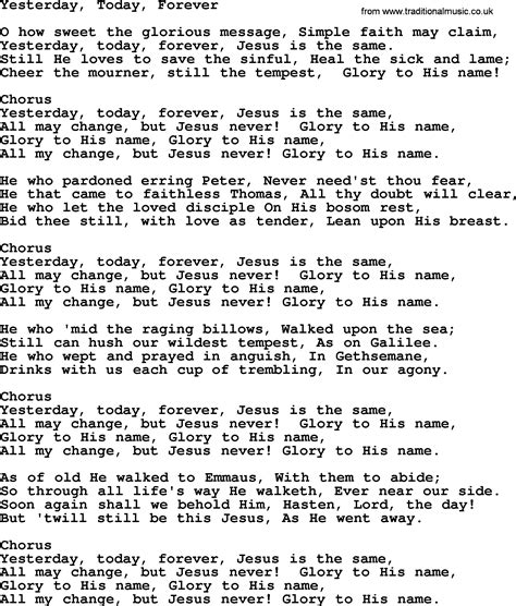 Baptist Hymnal Christian Song Yesterday Today Forever Lyrics With