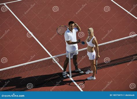 Happy Young Couple Play Tennis Game Outdoor Stock Image Image Of Male