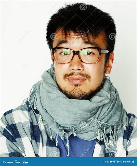 Young Handsome Asian Man Hipster In Glasses On White Background Stock