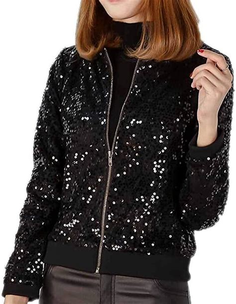 Womens Sparkle Sequin Long Sleeve Jacket Coat Zipper Front Bling Bling