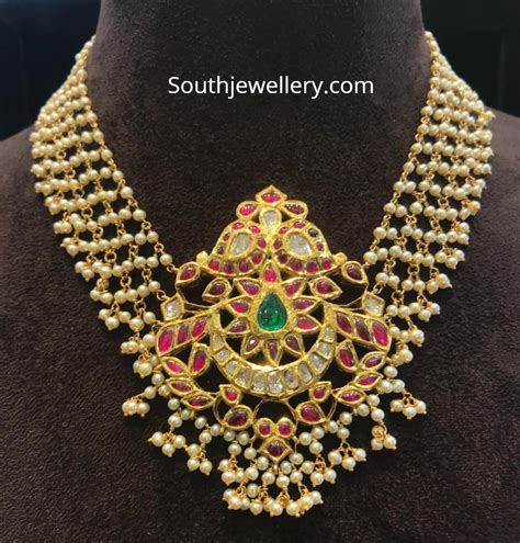 Pearl Necklace With Polki Ruby Pendant Indian Jewellery Designs