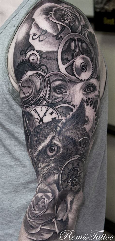 Black And Grey Sleeve Tattoo By Remis Remistattoo
