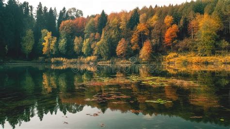 The Autumn Forest Is Reflected In The River Generative Ai Stock Photo