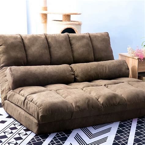 Double Chaise Lounge Sofa Chair Floor Couch With Two Pillows Brown
