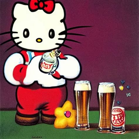 Hello Kitty Drinking Beer Artwork By Earl Norem Stable Diffusion