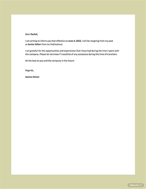 Free Simple And Short Resignation Letter Google Docs Word Outlook Apple Pages PDF