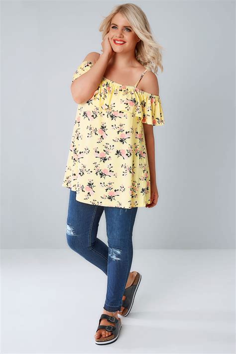 Lemon Yellow And Pink Floral Frilled Cold Shoulder Jersey Cami Top Plus