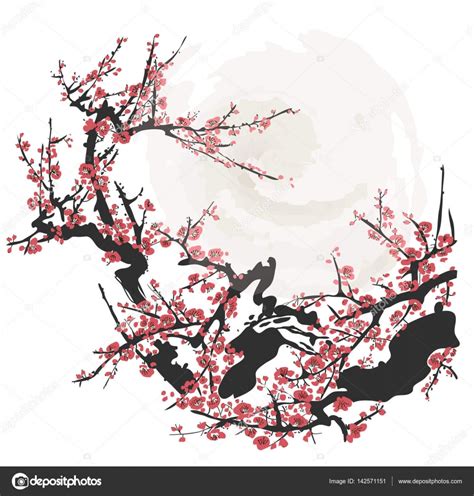 Realistic Sakura Blossom Japanese Cherry Tree Isolated On White