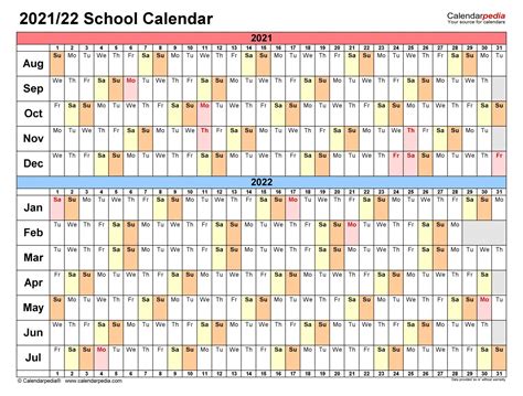 Printable 2021 2022 School Calendar Templates