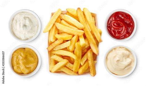 French Fries With Ketchup Mayonnaise Mustard Garlic Sauce Top View