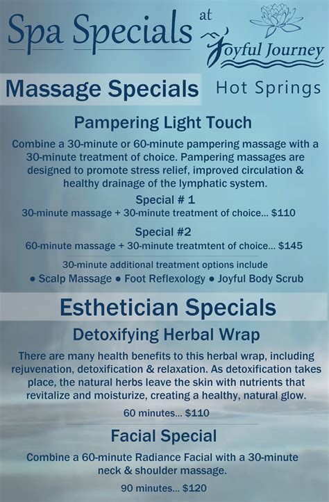 Spa Specials Room Flyers Pampering In Room March 2019 Joyful Journey Hot Springs Spa