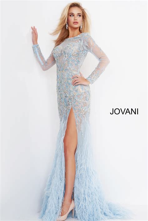 Jovani 37580 Light Blue Long Beaded Feather Formal Dress
