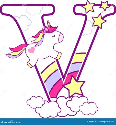 Initial V With Cute Unicorn And Rainbow Stock Vector Illustration Of