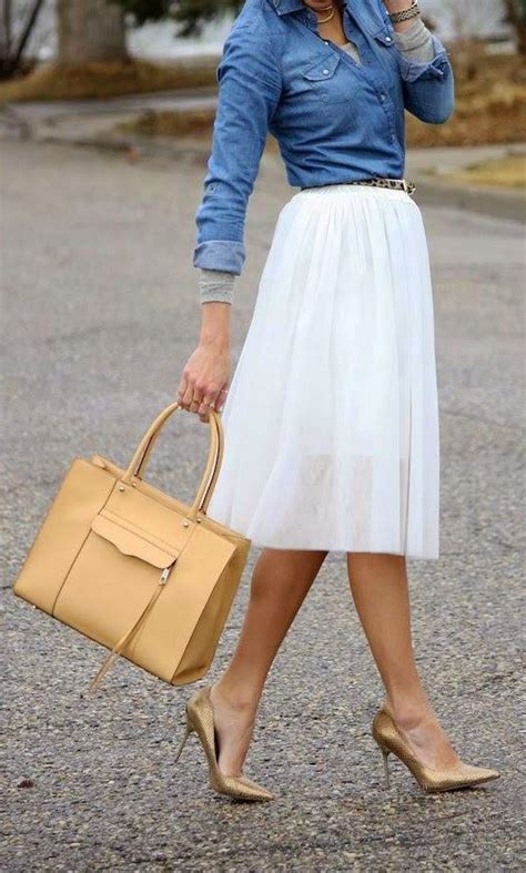 White Lace Midi Skirt Denim Top Simple Outfits Fashion Style