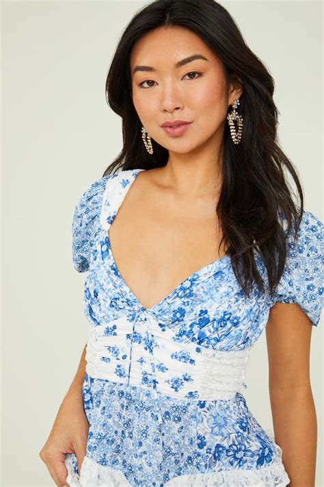Aderny Patchwork Floral Dress In White And Blue Altard State