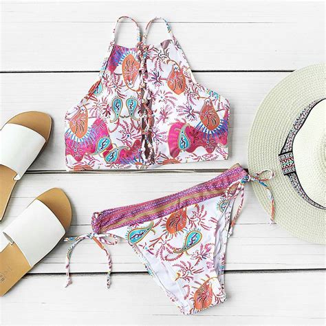 Mixed Print Criss Cross Neck Side Tie Bikini Set Shein Sheinside