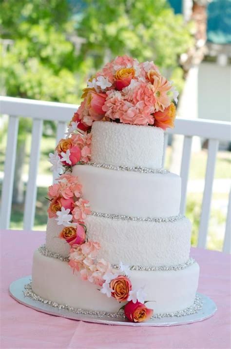 2nd Favorite White Paisley Wedding Cake With Coral Flowers And Silver