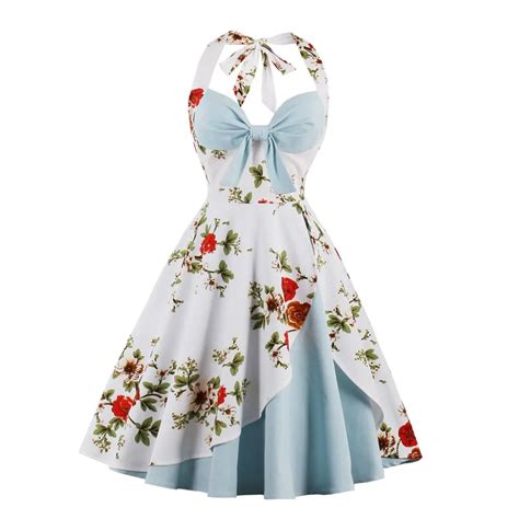 Women Vintage Dress Plus Size Floral Flower Pin Up Halter Womens Clothing Summer Retro 50s
