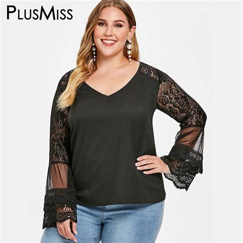 plusmiss plus size 5xl flare sleeve mesh floral lace black blouse women