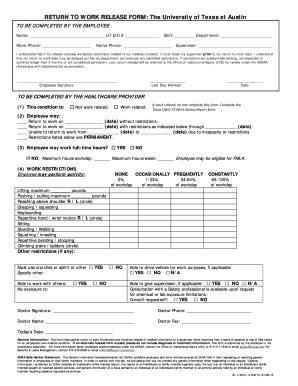 Directions for employer's statement of return to work reset please answer all questions. 2015 UT Return to Work Release Form Fill Online, Printable ...