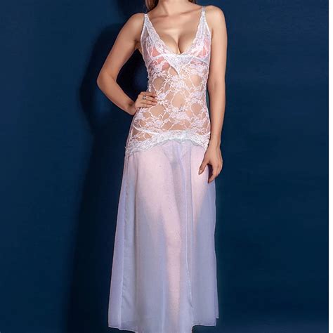 Aliexpress Com Buy Long Maxi Summer Sexy Sleepwear Women Lace Sheer V Neck Nightdress Babydoll