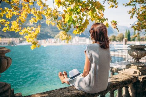 Young Woman Relaxing On Beautiful Garda Lake Stock Image Image Of