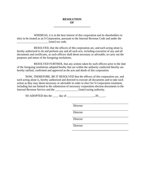 Obtain S Corporation Status Corporate Resolutions Forms Fill Out And