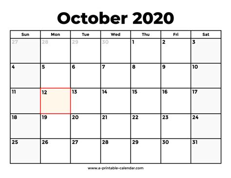 October 2020 Calendar With Holidays A Printable Calendar