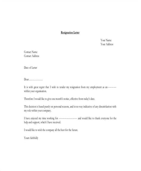 Resignation Letter Template Month Notice