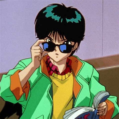 An Anime Character Wearing Sunglasses And Holding A Book While Talking On The Phone With Another