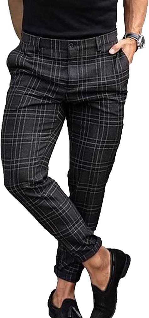 Mens Traditional Plaid Chino Pants Slim Fit Casual Striped Slacks