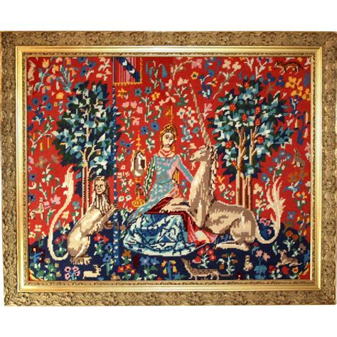 Framed Needlepoint Tapestry. Lady and the Unicorn. Vintage ...