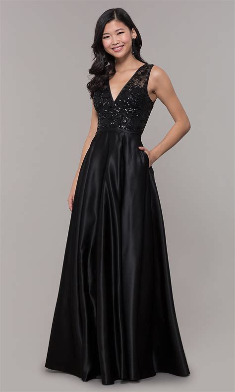 Black Long Satin Prom Dress With Sequin Bodice