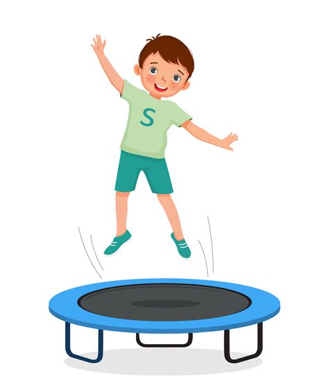 Happy Little Boy Jumping On A Trampoline Having Fun Playing Outdoor