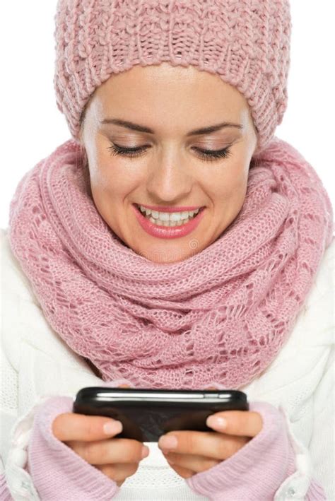 Happy Woman Writing Text Message Stock Photo Image Of Mitten Knit