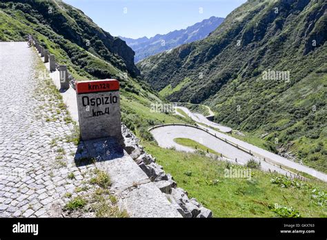 Airolo Switzerland 7 August 2016 Cyclist Pedaling On The Old Road Which Leads To St