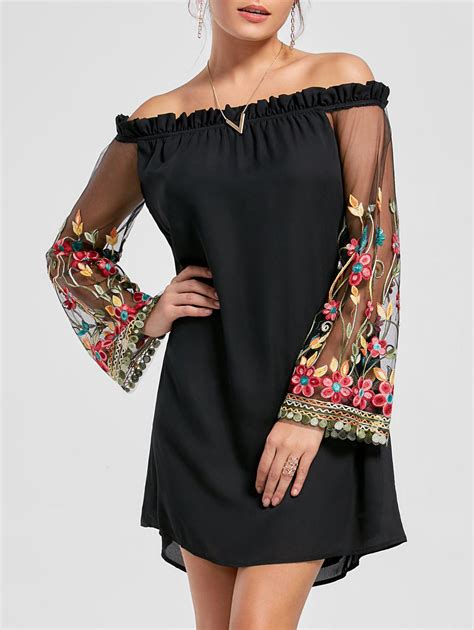 Black 2xl Flare Sleeve Off Shoulder Embroidered Mesh Dress