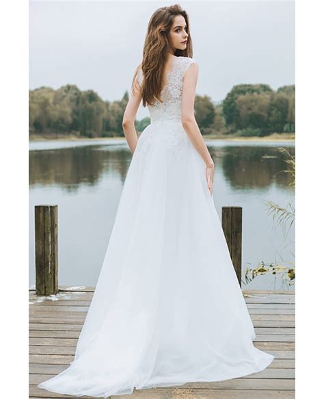 W hen i was shopping for a beach wedding dress for my oceanside nuptials, the internet was basically of no use. Simple Lace A Line Boho Beach Wedding Dress Long Tulle ...