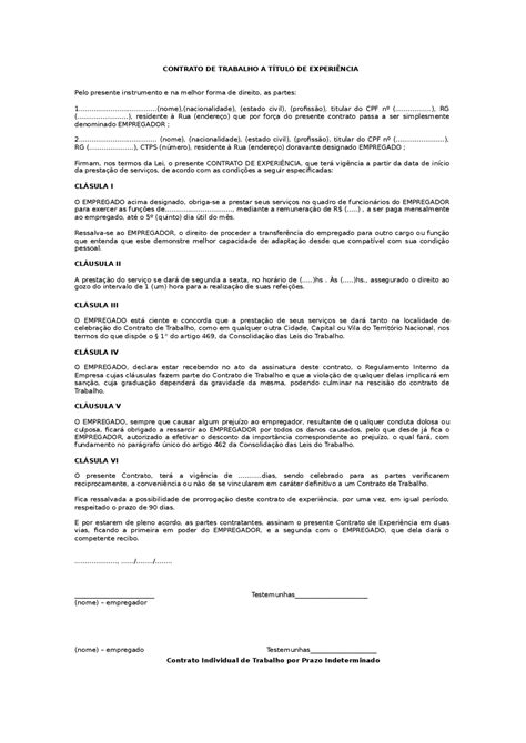 Contrato De Trabalho A Título De Experiência Modelo De Contrato Docsity