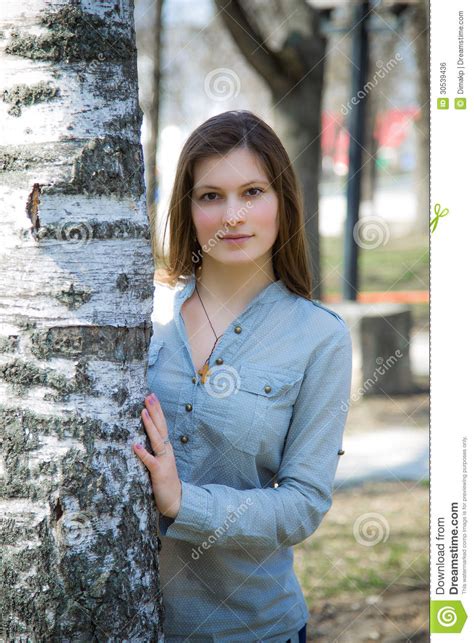 Beautiful Girl Near The Birch Stock Photo Image Of Female Birch