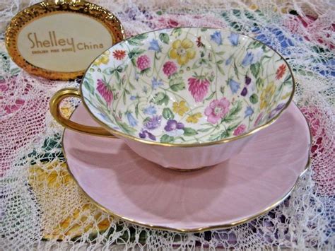 Shelley Oleander Countryside Chintz Cup And Saucer Set Gold Trim Pink